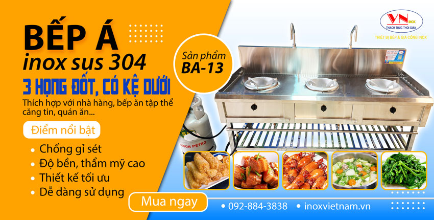 Mẫu bếp á inox công nghiệp có 3 họng đốt và kệ dưới giá tốt chắc chắn chất lượng tại nhà Inox Việt Nam sản xuất hiện nay