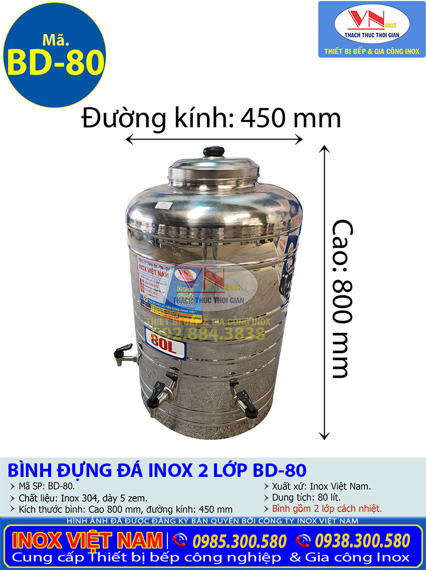 Thông số kỹ thuật bình nước inox 80 lít 2 lớp inox 304 giữ nhiệt BD-80