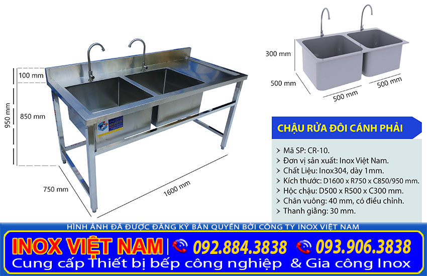 Chậu rửa đôi công nghiệp cánh phải thuộc hạng mục chậu rửa công nghiệp inox giá xưởng Inox Việt Nam. Liên hệ mua ngay.