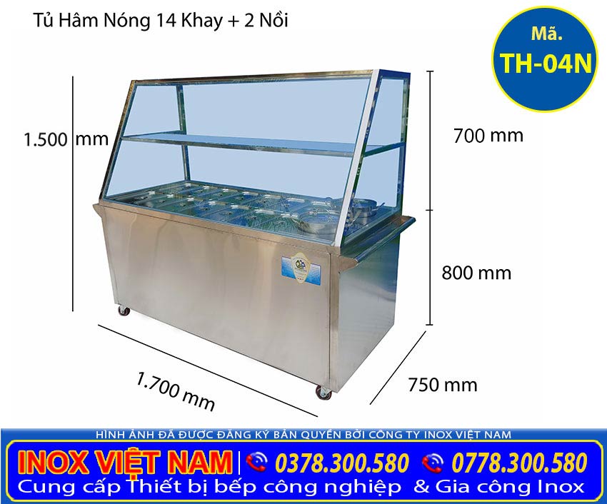 Địa chỉ mua tủ hâm nóng thức ăn 14 khay inox và 2 nồi giá tốt tại Inox Việt Nam có Kích thước như trên hoặc theo yêu cầu.