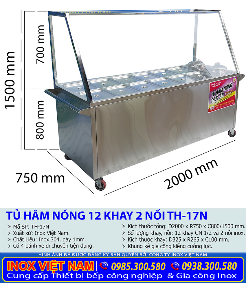 Kích thước tủ hâm nóng thức ăn 12 khay 2 nồi canh sup tại Inox Việt Nam TP HCM.