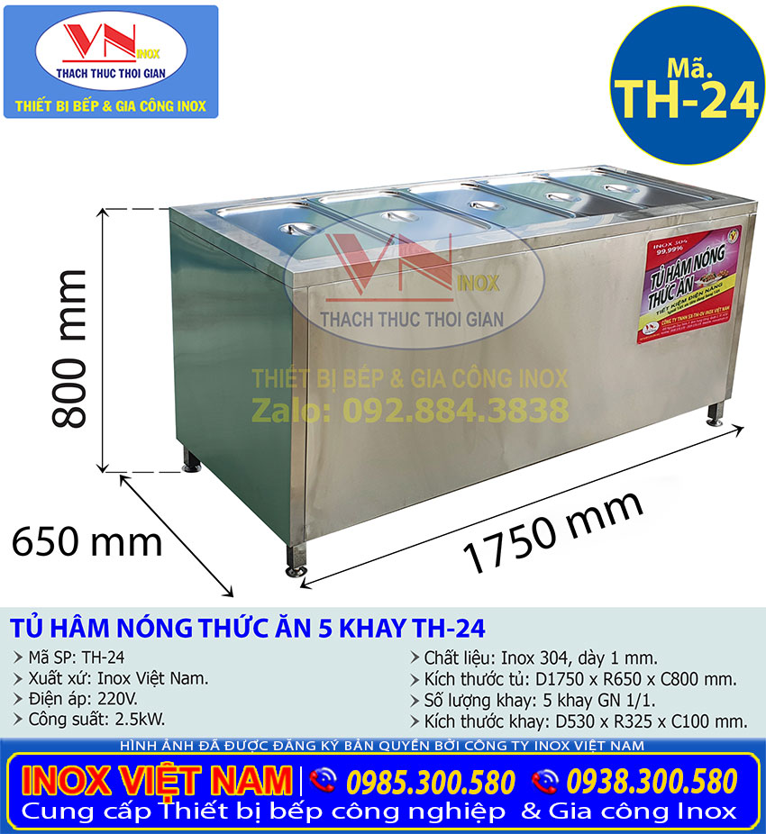 Kích Thước Tủ Hâm Nóng Thức Ăn 5 Khay TH-24 Giá Gốc Tại Xưởng Inox Việt Nam