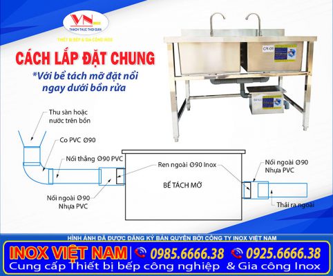 Cách lắp đặt bẫy mỡ inox 304 nhà bếp. Đây là dạng lắp đặt bẫy mỡ nổi nhé!