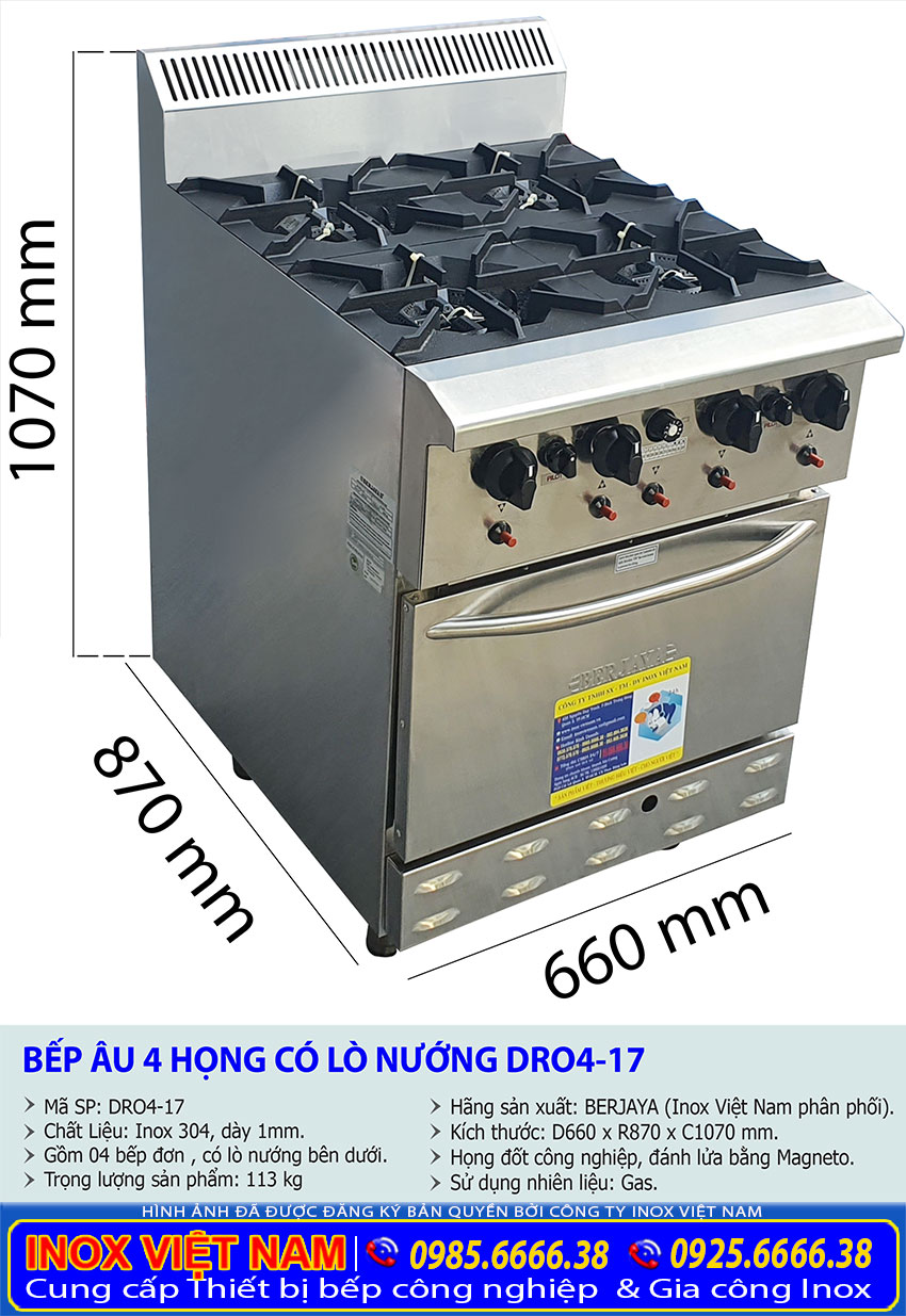 Thông số kỹ thuật bếp âu công nghiệp 4 họng có lò nướng Berjaya DR04-17.
