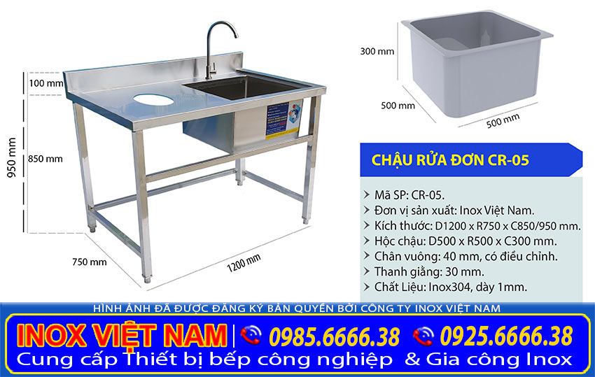 Thông số kỹ thuật chậu rửa đơn công nghiệp đơn cánh trái có lỗ xã rác. Liên hệ Inox Việt Nam sản xuất chậu rửa inox công nghiệp theo đơn đặt hàng