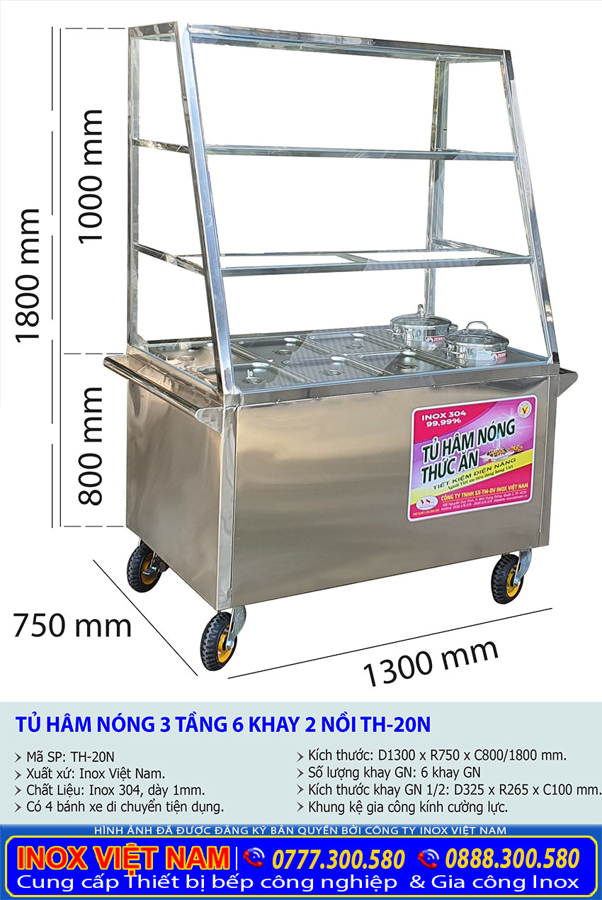 Thông số kỹ thuật tủ hâm nóng thức ăn 6 khay 2 nồi giá tốt tại Inox Việt Nam.