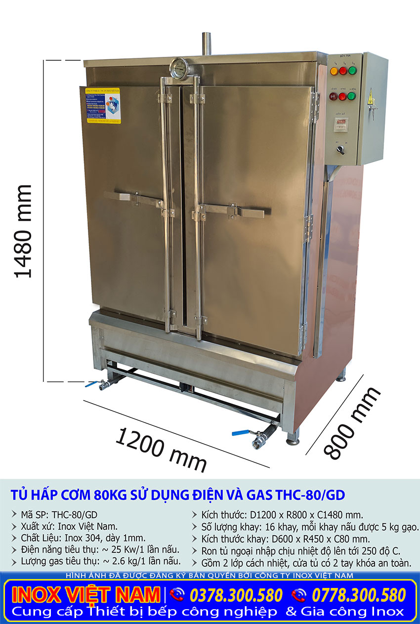 Thông số kỹ thuật tủ hấp cơm công nghiệp 80kg dùng điện và gas.