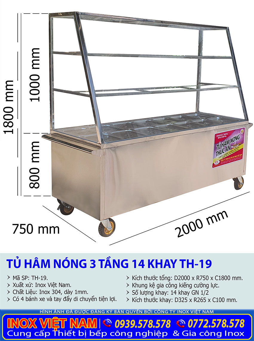 Tủ giữ nóng thức ăn 14 khay 3 tầng giá xưởng uy tín chất lượng tại TP HCM.