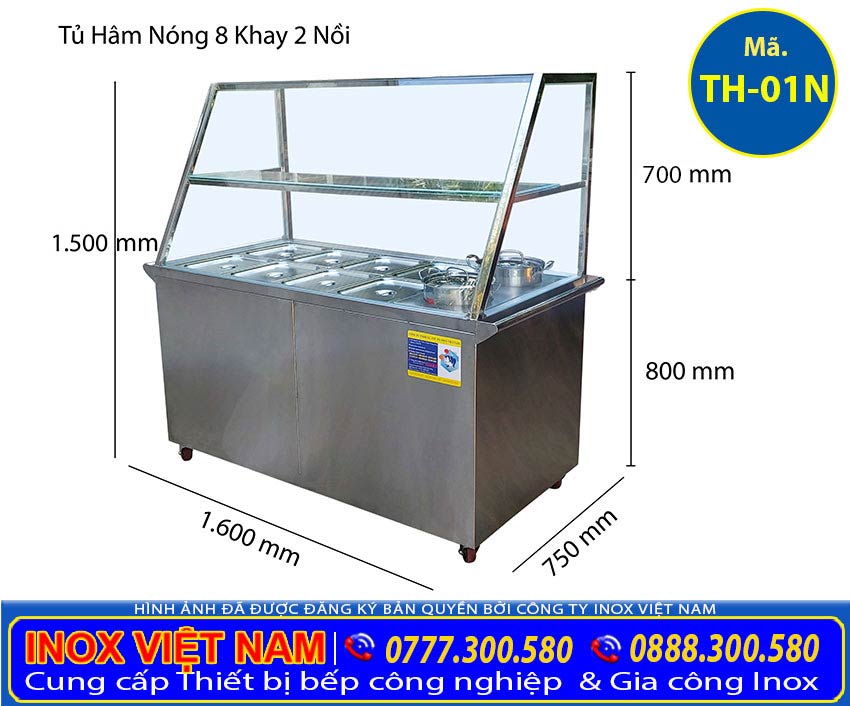 Tủ hâm nóng thức ăn có 8 khay inox và 2 nồi giá tốt tại xưởng sản xuất Inox Việt Nam của chúng tôi.