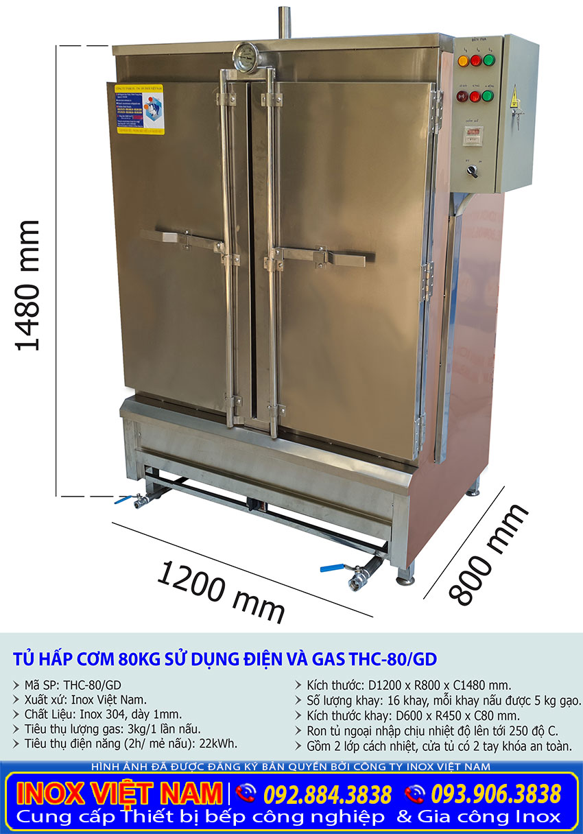 Tủ Hấp Cơm Công Nghiệp 80kg Bằng Điện Và Gas THC-80/GD