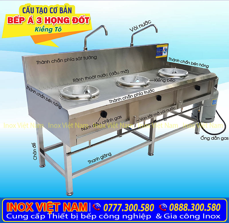 cấu tạo bếp á inox kiềng tô 3 họng tại IVN sản phẩm bếp inox công nghiệp 3 họng đốt loại kiềng tô chất lượng cao.