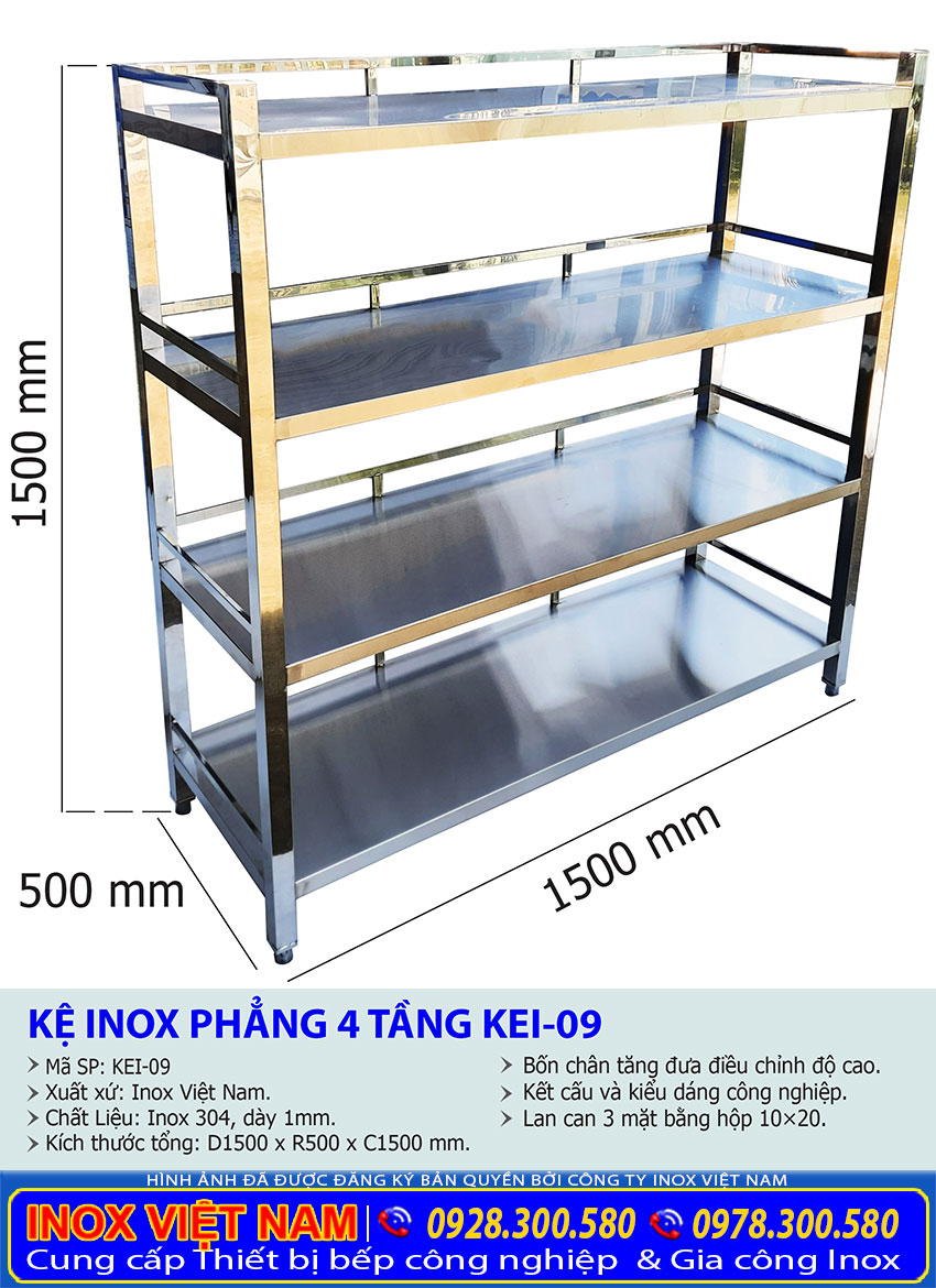 kích thước kệ inox 4 tầng loại phẳng, kệ inox công nghiệp nhà bếp 4 tầng úp chén ly bát.