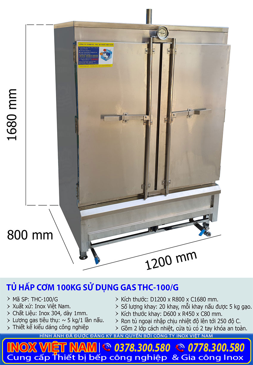 Thông số kỹ thuật tủ hấp cơm công nghiệp 100kg gạo sử dụng gas uy tín chất lượng.