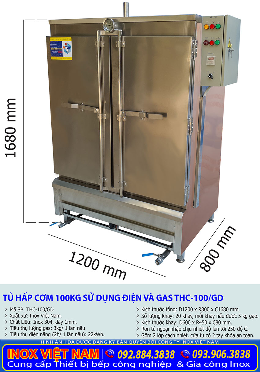 Kích thước và công suất tủ hấp cơm công nghiệp 100kg sử dụng gas và điện