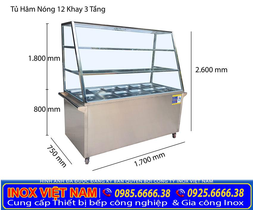 Tủ trưng bày cơm 12 khay hâm nóng thức ăn và 3 tầng để đồ giá tốt tại xưởng Inox Việt Nam của chúng tôi.