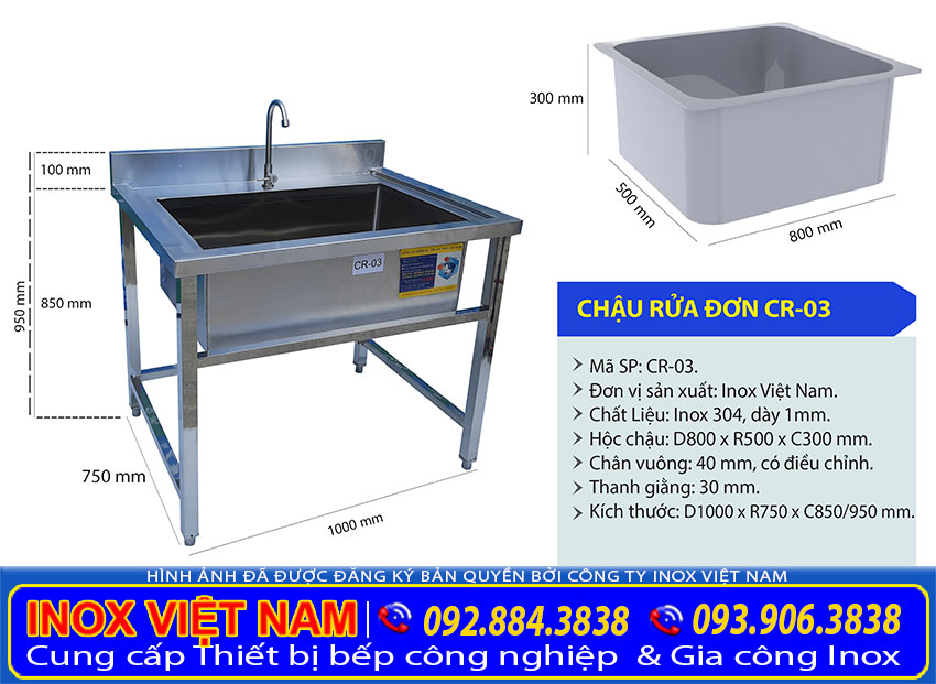 Kích thước chậu rửa đơn công nghiệp loại lớn, chậu rửa công nghiệp inox 1 hố lớn sản phẩm uy tín chất lượng đầy tiện ích tại xưởng IVN.