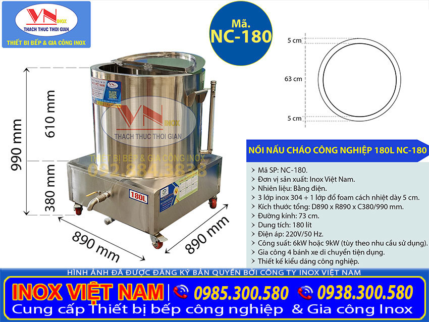 Thông số kỹ thuật: Sản phẩm giá tốt Nồi nấu cháo bằng điện 180l NC-180. Nồi điện hầm cháo công nghiệp công suất lớn