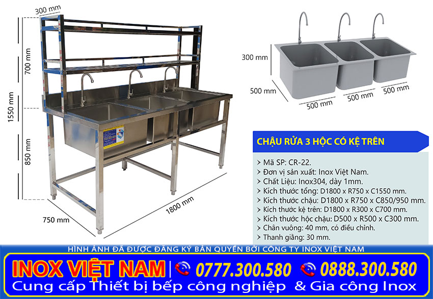 Kích thước chậu rửa 3 ngăn lớn có kệ trên giá tốt tại Inox Việt Nam.