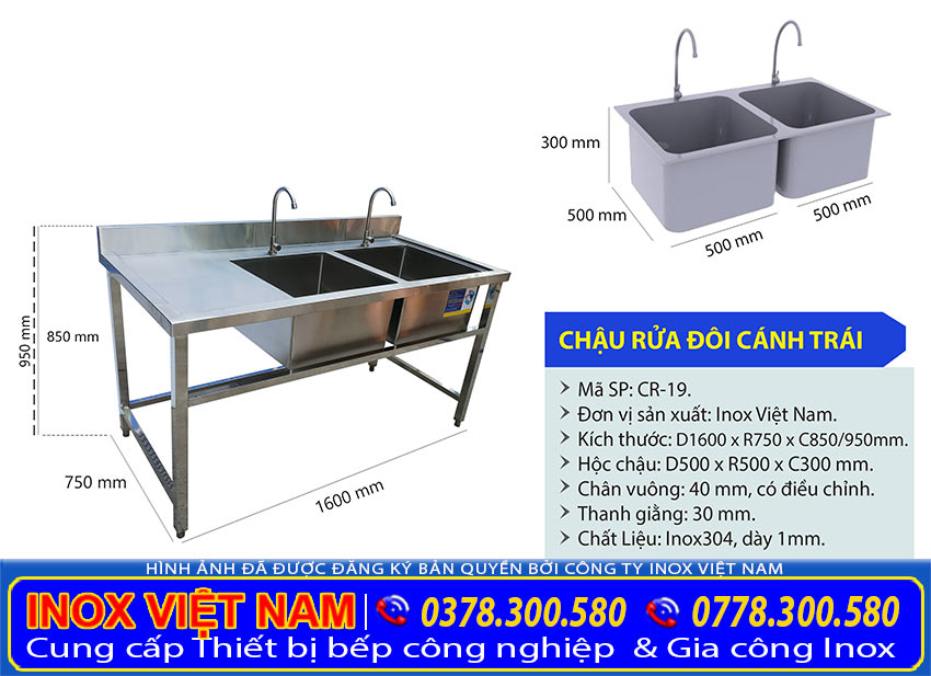 Kích thước chậu rửa inox đôi công nghiệp có bàn rửa cánh trái sản phẩm được nhiều khách hàng tin tưởng chọn mua.