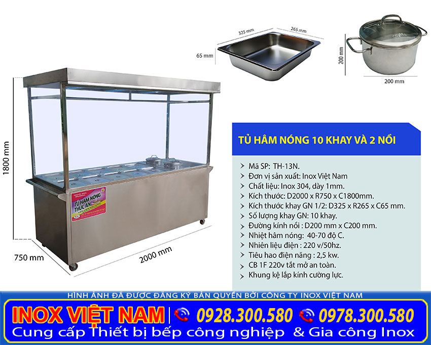 Báo giá tủ hâm nóng thức ăn inox 10 khay 2 nồi thiết kế mái che inox, tủ hâm nóng có mái che inox.