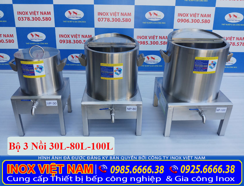 Bộ nồi nấu phở bằng điện nấu hủ tiếu được sử dụng phổ biến với dung tích bộ 3 nồi nấu phở điện 30 lít 80 lít 100 lít mua tại đơn vị Inox Việt Nam.