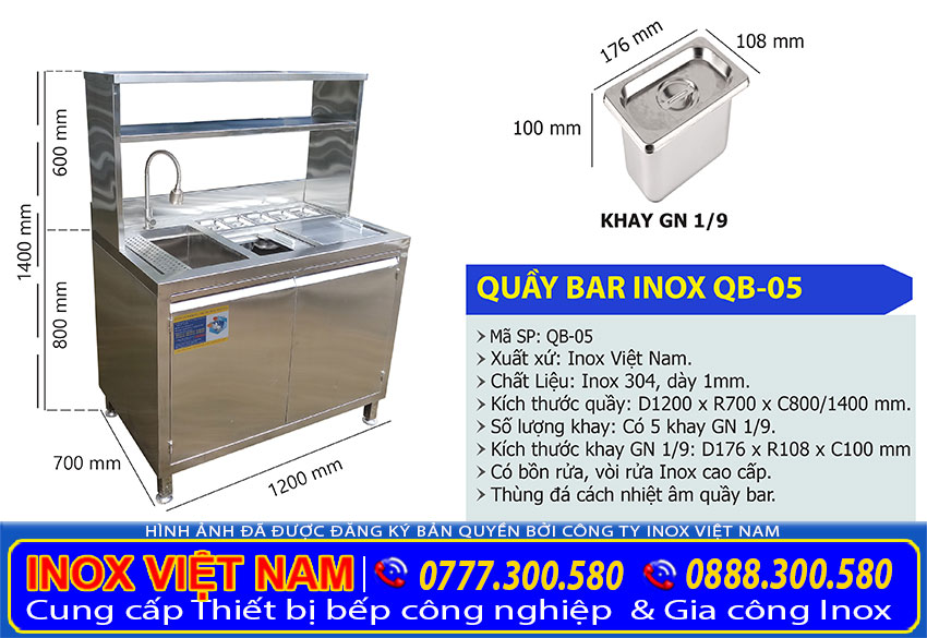 kích thước quầy bar inox mini, quầy bar pha chế cho quán cafe hay trà sữa do Inox Việt Nam sản xuất.