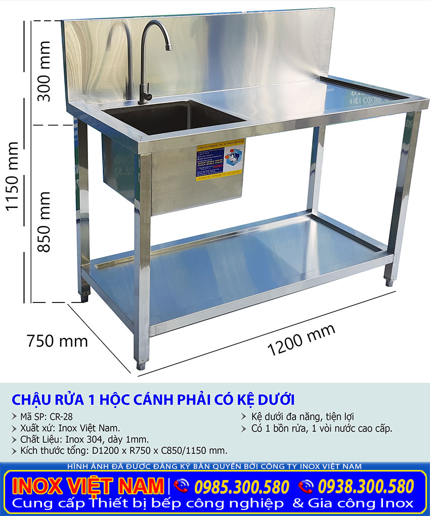 Báo giá chậu rửa đơn cánh phải có kệ phẳng dưới, chậu rửa inox công nghiệp có 1 chậu tại Inox Việt Nam.