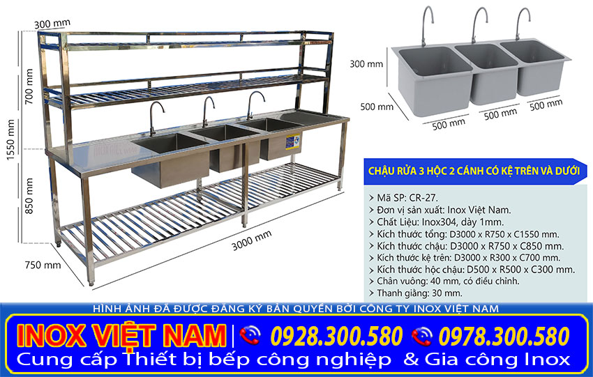 Báo giá chậu rửa công nghiệp 3 ngăn lớn inox 304, chậu rửa công nghiệp cho nhà hàng bếp công nghiệp.
