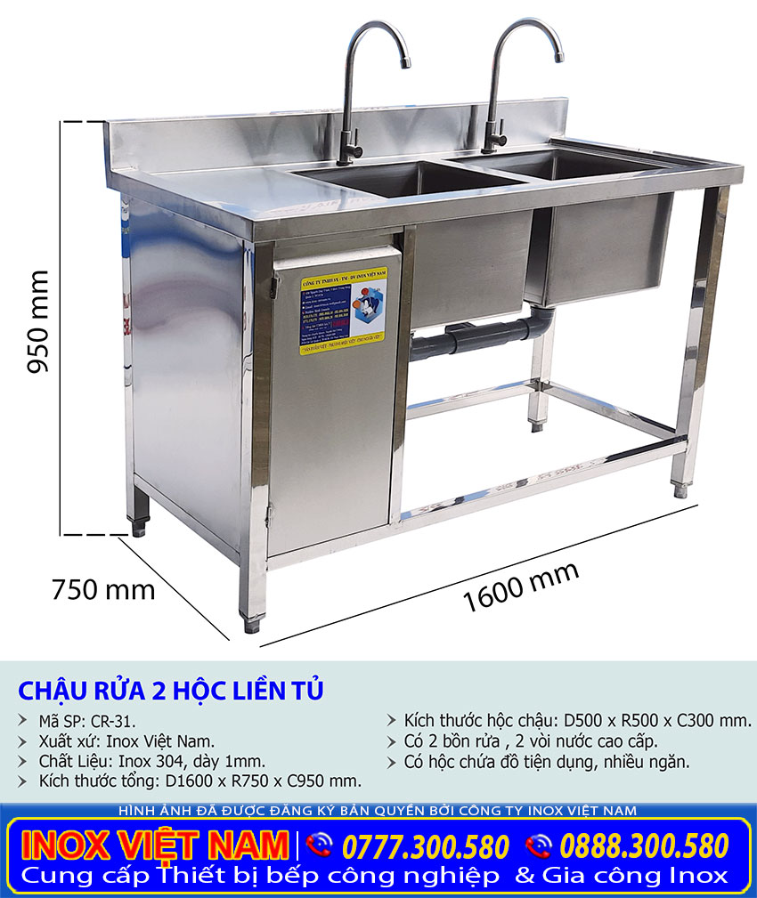 Địa chỉ bán chậu rửa inox 2 hộc liền tủ, chậu rửa inox liền tủ, bồn rửa chén inox liền tủ giá tốt tại Inox Việt Nam.