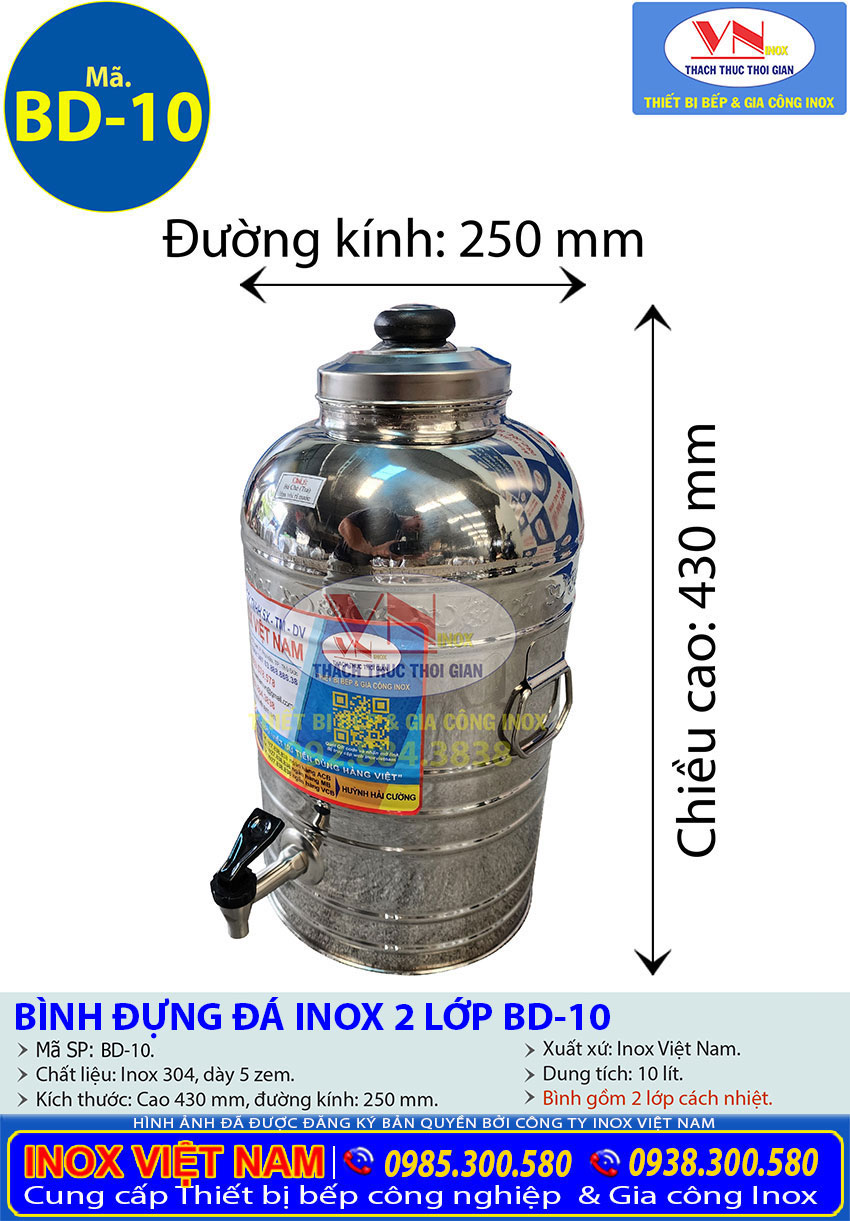 Thông số kỹ thuật Bình đựng nước inox 10 lít 2 lớp inox 304 giữ nhiệt BD-10