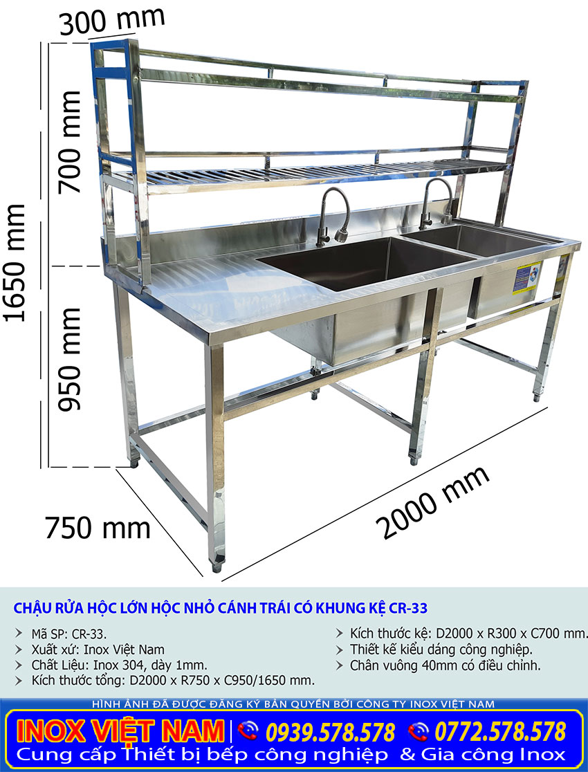 Địa chỉ mua chậu rửa đôi công nghiệp hộc lớn nhỏ có kệ trên sản phẩm đầy tiện ích. Liên hệ Inox Việt Nam.
