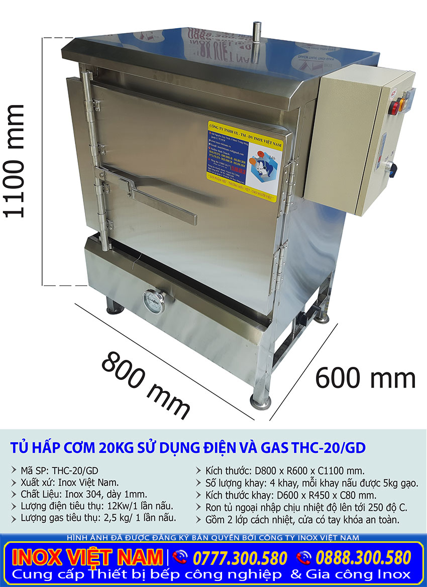 Kích thước tủ hấp cơm công nghiệp bằng điện và gas loại 20kg giá tốt tại HCM.
