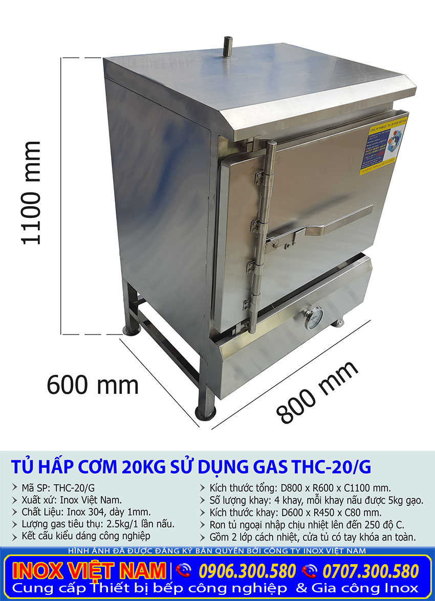 Thông số kỹ thuật tủ nấu cơm công nghiệp 20kg dùng gas.