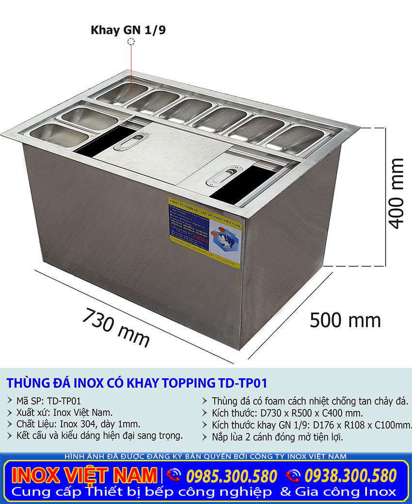 Kích thước thùng đá inox âm bàn có khay topping mã TD-TP01.