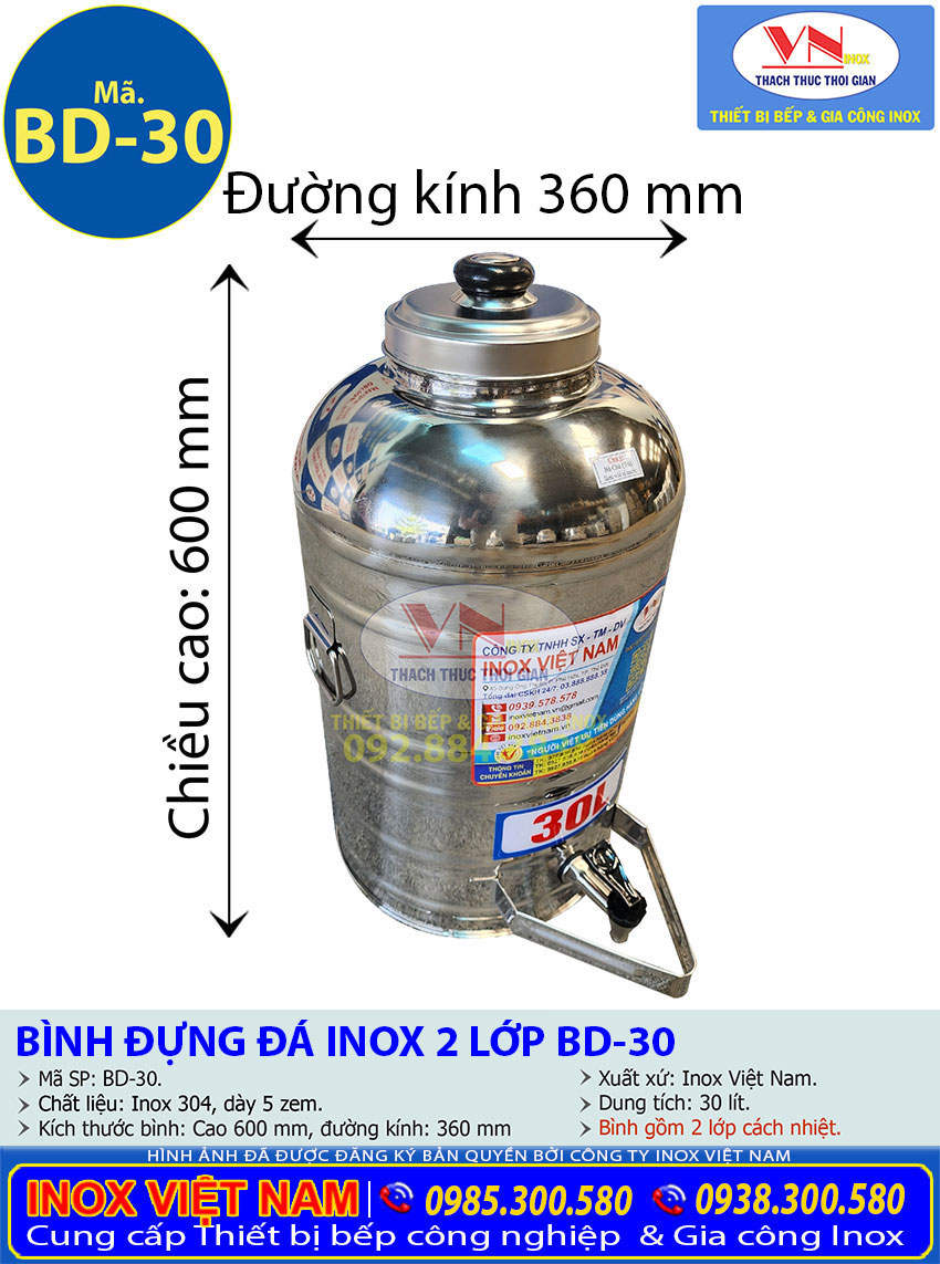 Kích thước bình chứa nước đá inox 2 lớp cách nhiệt giá tốt tại Inox Việt Nam