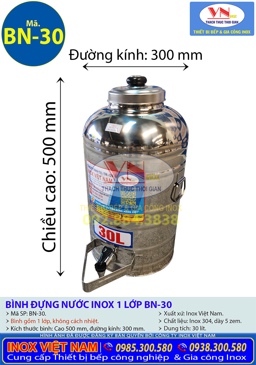 Thông Số Kỹ Thuật Bình Đựng Nước Đá Inox Có Vòi Gạt 30L Có 1 Lớp