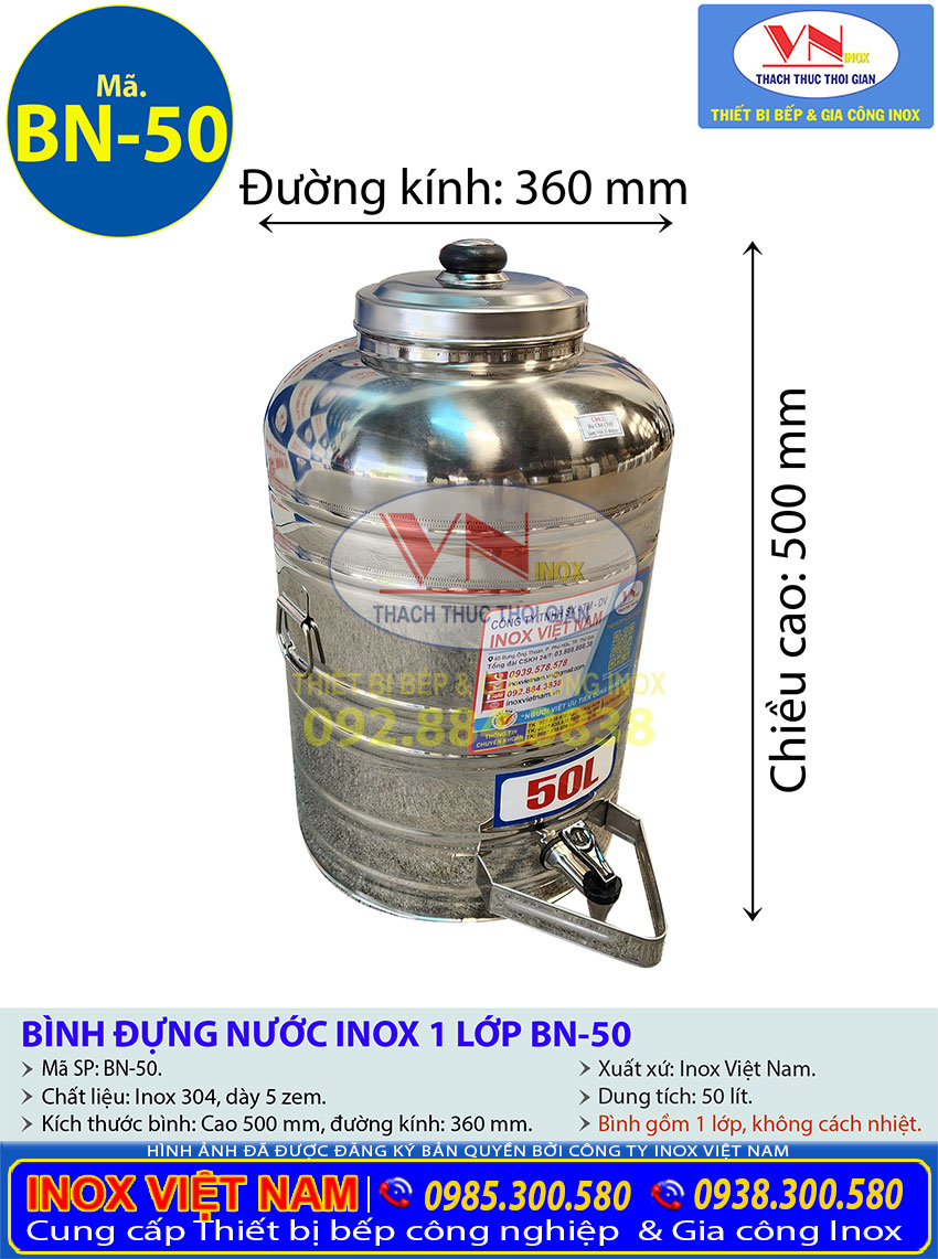 Thông số kỹ thuật Bình nước inox 1 lớp inox 304 có vòi gạt 50 lít không cách nhiệt