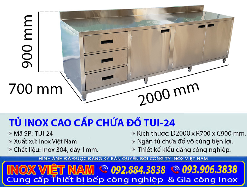 Thông số kỹ thuật trên từng chi tiết tủ inox có 3 hộc kéo và 3 cánh cửa tại xưởng Inox Việt Nam.