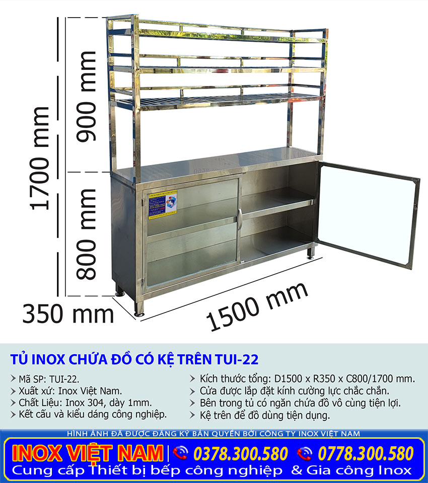 Thông số kỹ thuật của tủ inox có kệ trên 3 tầng và kệ giữa giá tốt Inox Việt Nam.