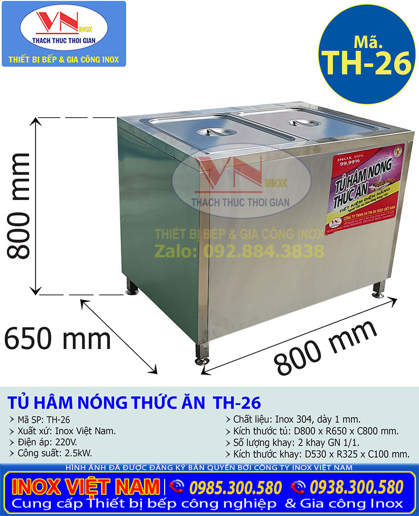 Kích thước bàn hâm nóng thức ăn có 2 khay, tủ hâm nóng thức ăn có 2 khay TH-26 giá tốt tại xưởng sản xuất Inox Việt Nam