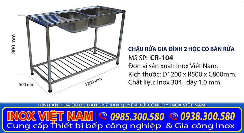Kích thước chậu rửa inox 2 hộc có bàn rửa dành cho gia đình giá tốt tại Inox Việt Nam.