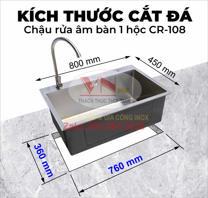 Thông tin cắt mặt đá chậu rửa inox âm bàn 1 hộc CR-108 theo kích thước