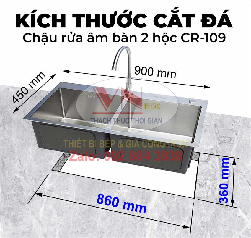 Thông tin cắt mặt đá chậu rửa inox âm bàn 2 hộc CR-109 theo kích thước