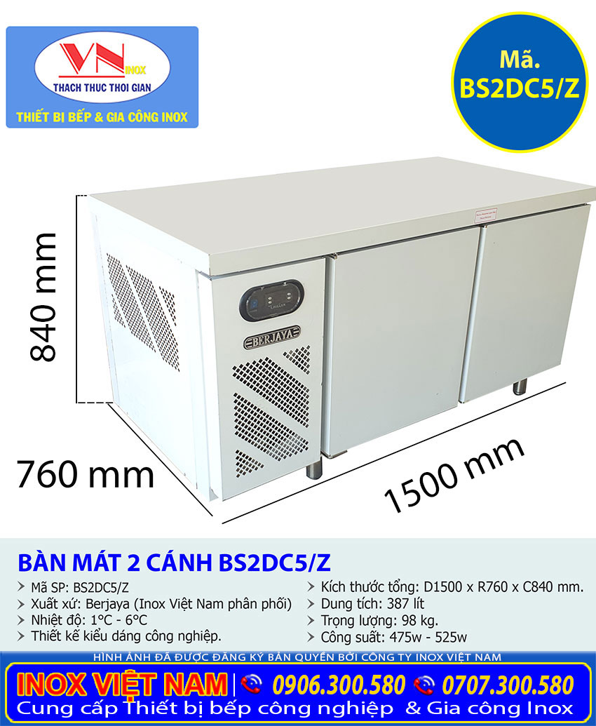 Bàn mát công nghiệp chính hãng, bàn mát berjaya 2 cánh cửa BS2DC5/Z giá tốt tại Inox Việt Nam phân phối.