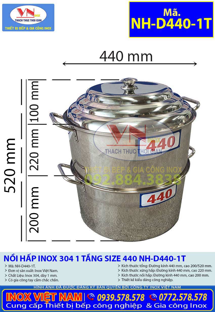 Thông Số Kỹ Thuật Nồi Hấp Inox Sử Sụng Bếp Gas Điện NH-D440-1T Ngay Tại Xưởng Inox Việt Nam