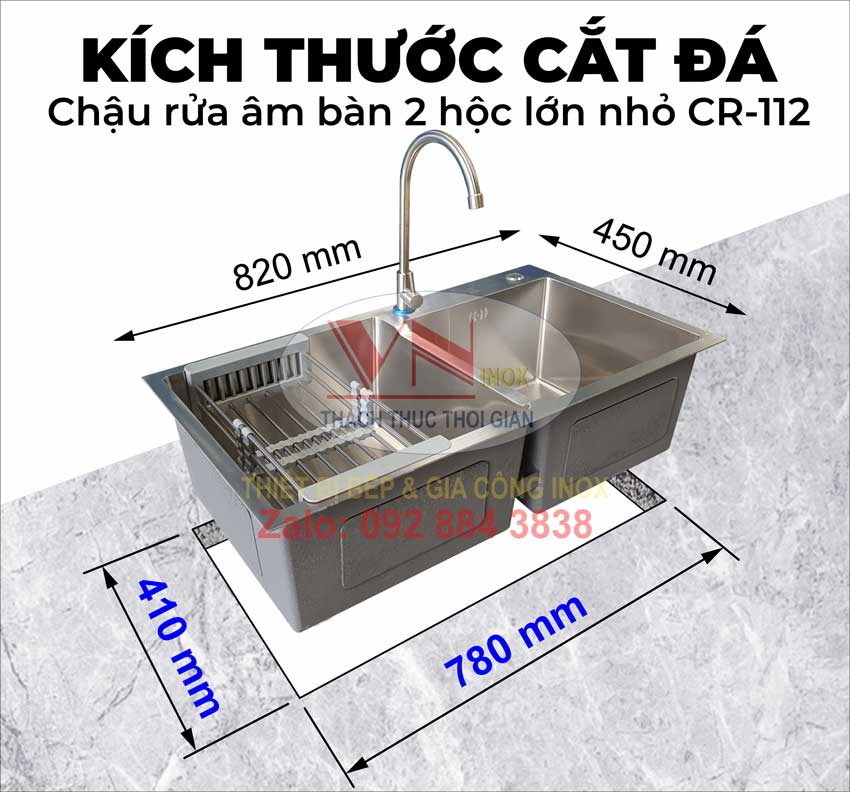 Thông tin cắt mặt đá chậu rửa inox âm bàn hộc lớn nhỏ CR-112 theo kích thước