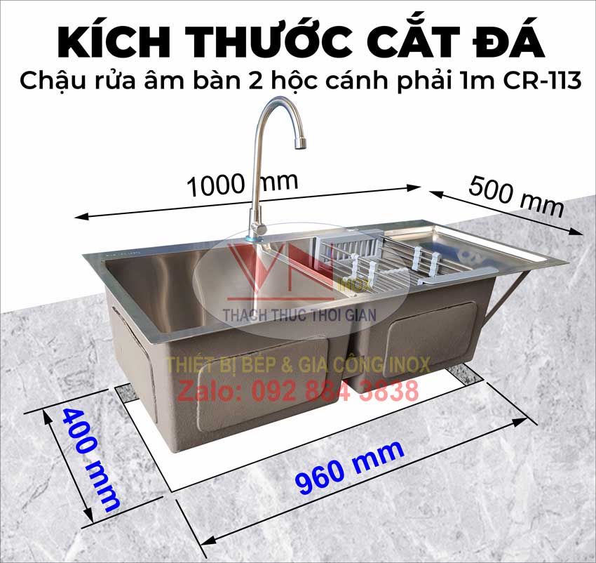 Thông tin cắt mặt đá chậu rửa âm bàn 2 hộc cánh phải 1m CR-113 theo kích thước