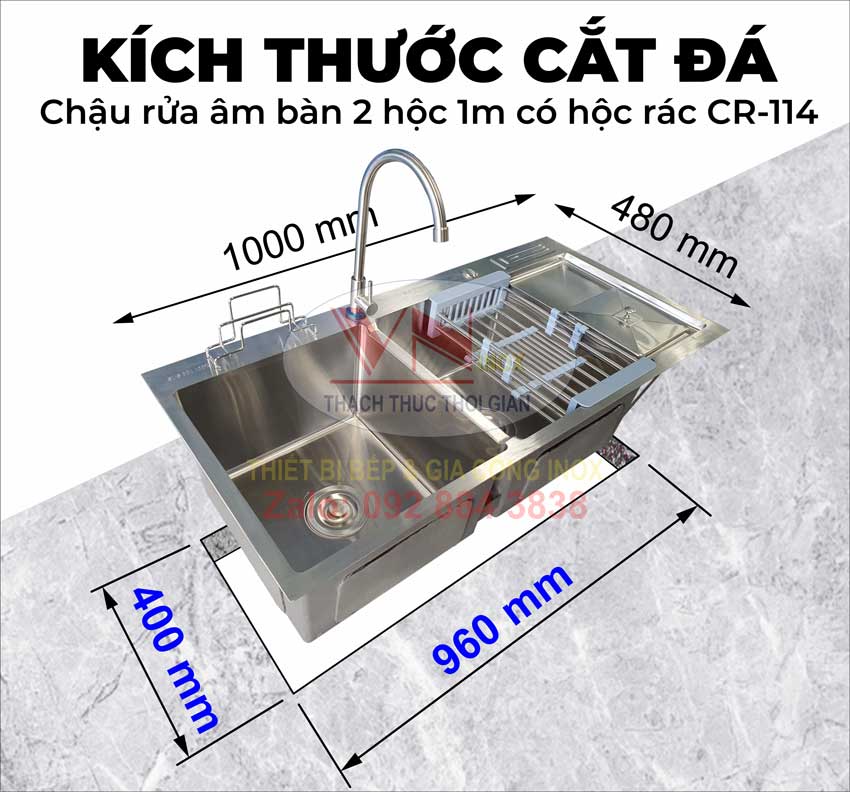 Thông tin cắt mặt đá chậu rửa inox âm 2 hộc cánh phải 1m CR-114 theo kích thước