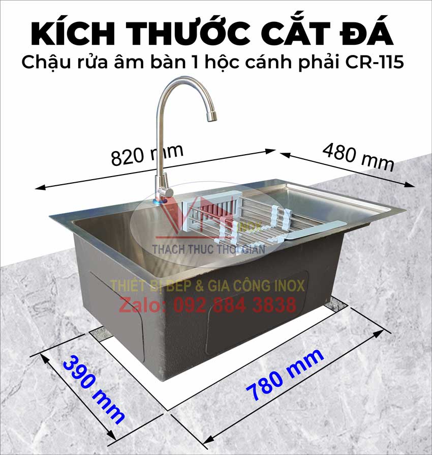 Thông tin cắt mặt đá chậu rửa inox âm bàn 1 hộc cánh phải CR-115 theo kích thước