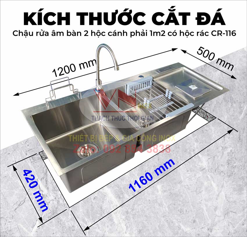 Thông tin cắt mặt đá chậu rửa inox âm bàn 2 hộc cánh phải 1m2 CR-116 theo kích thước